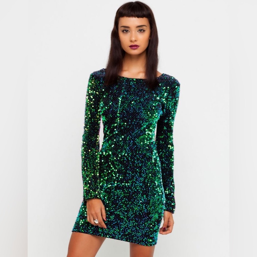 Privy Mini Dress Medium Bodycon Green Sequin Party Sparkly Glam Festive NYE